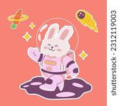 Cute astronaut rabbit sticker vector illustration with star and comet, cosmonaut bunny waving hand, universe planet animals mascot exploring journey floating in spacesuit spaceman costume, funny pet
