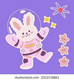 Cute astronaut rabbit sticker vector illustration with star and comet, cosmonaut bunny waving hand, universe planet animals mascot exploring journey floating in spacesuit spaceman costume, funny pet