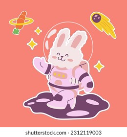 Cute astronaut rabbit sticker vector illustration with star and comet, cosmonaut bunny waving hand, universe planet animals mascot exploring journey floating in spacesuit spaceman costume, funny pet