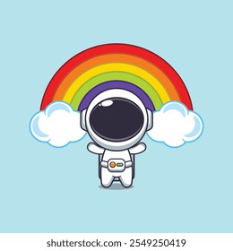 Lindo astronauta con Ilustración vectorial de dibujos animados de arco iris. ilustración de dibujos animados de Vector adecuado para póster, folleto, Web, mascota, pegatina, logotipo e ícono.