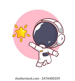 Lindo astronauta llegar a la estrella personaje de dibujos animados. Diseño de conceptos de espacio y ciencia. Ilustración vectorial de chibi adorable dibujada a mano. Icono logo mascota aislado de fondo.