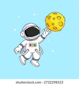 Astronauta lindo que alcanza para una luna en diseño de dibujos animados de Ilustración vectorial espacial