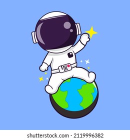 Cute Astronaut Reaching for Stars On Earth Illustration Of Cartoon Icons Vector