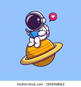 Cute Astronaut Read Book On Planet Cartoon Vector Icon Illustration. Science Technology Icon Concept Isolated Premium Vector. Flat Cartoon Style
