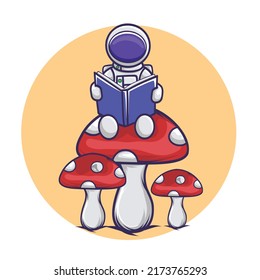 Astronauta lindo lee el libro en el hongo. Ilustración de iconos vectores de caracteres de dibujos animados. Ciencia, Educación, Concepto De Icono Tecnológico Aislado. Estilo de dibujos animados de vector plano