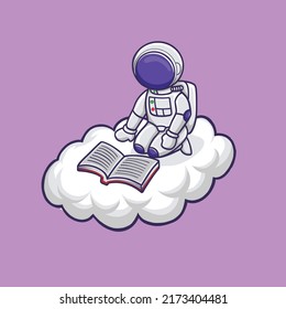 Cute Astronaut Read Book, sitting On The Clouds. Cartoon character Vector Icon Illustration