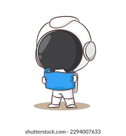 Cute astronaut reading a blue print cartoon character. Space concept design. Hand drawn flat adorable chibi vector illustration. Isolated white background