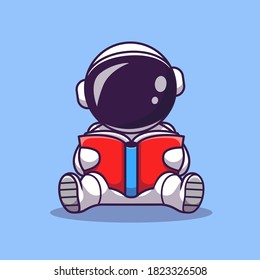 Cute Astronaut Reading Book Cartoon Vector Icon Illustration. Space Education Icon Concept Isolated Premium Vector. Flat Cartoon Style