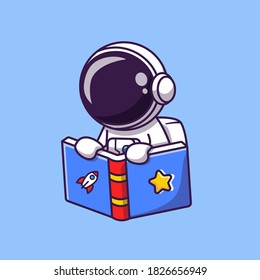 Cute Astronaut Reading Book Cartoon Vector Icon Illustration. Science Education Icon Concept Isolated Premium Vector. Flat Cartoon Style