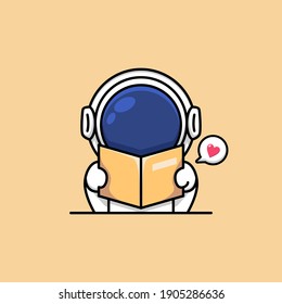 Cute astronaut reading book cartoon illustration