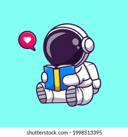 Cute Astronaut Reading Book Cartoon Vector Icon Illustration. Science Education Icon Concept Isolated Premium Vector. Flat Cartoon Style