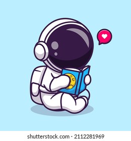 Cute Astronaut Reading Book Cartoon Vector Icon Illustration. Science Education Icon Concept Isolated Premium Vector. Flat Cartoon Style