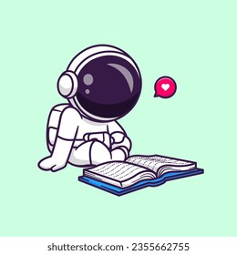 Cute Astronaut Reading Book Cartoon Vector Icon Illustration. Science Education Icon Concept Isolated Premium Vector. Flat Cartoon Style