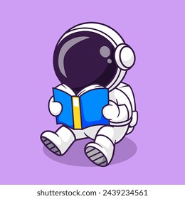 Cute Astronaut Reading Book Cartoon Vector Icon Illustration. Science Education Icon Concept Isolated Premium Vector. Flat Cartoon Style