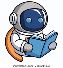 Cute Astronaut Reading Book Cartoon Vector Kawaii Icon Illustration. Technology Education Icon Concept Isolated Premium Vector. Flat Cartoon Style