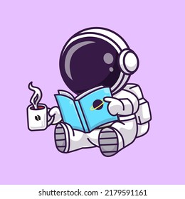 Cute Astronaut Reading Book With Coffee Cartoon Vector Icon Illustration Science Education Icon Concept Isolated Premium Vector. Flat Cartoon Style