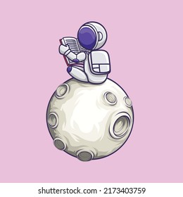 Cute Astronaut Reading Book On The Moon. Cartoon character Vector Icon Illustration