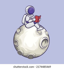 Cute Astronaut Reading Book On The Moon. Cartoon character Vector Icon Illustration