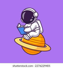 Libro de lectura de astronauta lindo sobre el icono del vector de dibujos planetarios. Ilustración Concepto de icono de educación científica Vector Premium aislado. Estilo de dibujo plano