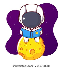 Cute astronaut reading manual book cartoon character. Space and science concept design. Hand drawn flat adorable chibi vector illustration. Icon logo mascot isolated background.