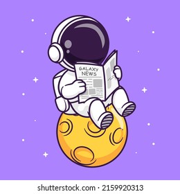 Cute Astronaut Reading Newspaper On Moon Cartoon Vector Icon Illustration. Science Technology Icon Concept Isolated Premium Vector. Flat Cartoon Style