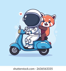 Netter Astronaut und roter Panda fahren Vespa. Vektorgrafik