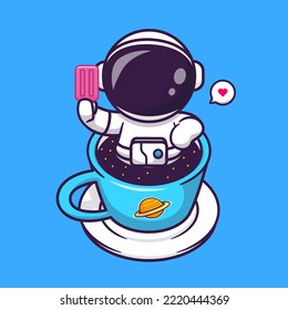 Cute Astronaut Relaxing In Coffee Space And Holding Ice Cream Cartoon Vector Icon Illustration. Science Drink Icon Concept Isolated Premium Vector. Flat Cartoon Style