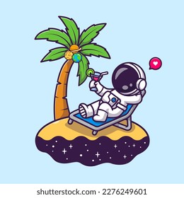 Cute Astronaut entspannen auf der Bank mit Orangensaft auf Insel Cartoon Vektorsymbol Illustration. Science Holiday Icon Konzept isolierter Premium-Vektorgrafik. Flachbildkartonstil