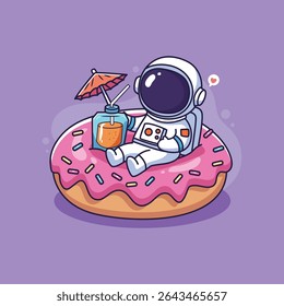 Cute Astronaut relaxing on a donut float with a juice drink	
