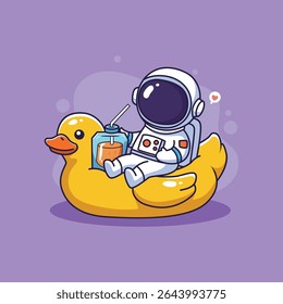 Cute astronaut relaxing on a duck float with juice