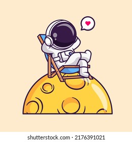 Cute Astronaut Relaxing On Moon Cartoon Vector Icon Illustration. Science Technology Icon Concept Isolated Premium Vector. Flat Cartoon Style