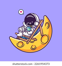 Cute Astronaut Relaxing On Moon with Orange Juice Cartoon Vector Icon Illustration. Science Holiday Icon Concept Isolated Premium Vector. Flat Cartoon Style