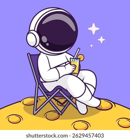 Cute Astronaut Relaxing On Moon With Orange Juice Cartoon Vector Icon Illustration. Science Holiday Icon Concept Isolated Premium Vector. Flat Cartoon Style