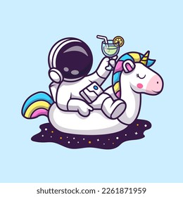 Cute Astronaut Relaxing On Unicorn Balloon with Orange Juice In Space Cartoon Vector Icon Illustration. Science Animal Icon Concept Isolated Premium Vector. Flat Cartoon Style