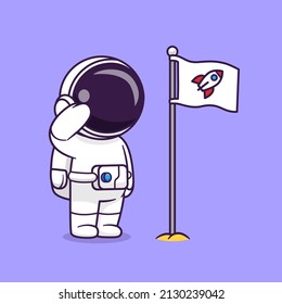 Cute Astronaut respektiert Raketenflagge Cartoon Vektorsymbol Illustration. Science Technology Icon Konzept isolierter Premium-Vektorgrafik. Flachbildkartonstil