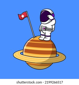 Cute Astronaut Respect Star Flag On Planet Cartoon