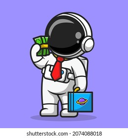 Cute Astronaut Rich With Money Cartoon Vector Icon Illustration. Science Business Icon Concept Isolated Premium Vector. Flat Cartoon Style