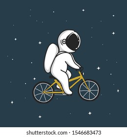 Cute astronaut rides on bicycle in outer space