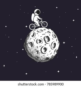 Cute astronaut rides on bicycle at the Moon.Prints design.Childish vector illustration