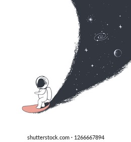 Cute astronaut rides on surfboard creating the universe.Space vector illustration.Prints design