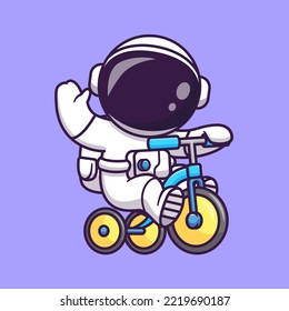 Cute Astronaut Riding Bicycle And Waving Hand Cartoon Vector Icon Illustration. Science Transportation Icon Concept Isolated Premium Vector. Flat Cartoon Style