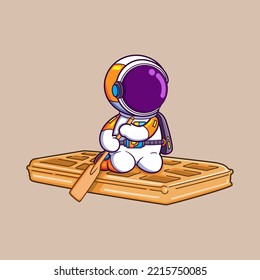 The cute astronaut is riding the big waffle ship and rowing it like a river boat of illustration