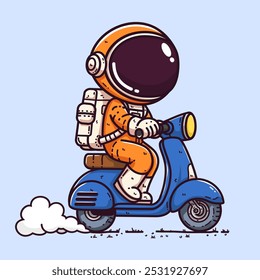 Astronauta bonito montando uma scooter azul