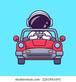 Cute Astronaut Riding Car Cartoon Vector Icon Illustration. Science Transportation Icon Concept Isolated Premium Vector. Flat Cartoon Style