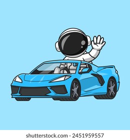 Cute Astronaut Riding Car Cartoon Vector Icon Illustration. Science Transportation Icon Concept Isolated Premium Vector. Flat Cartoon Style