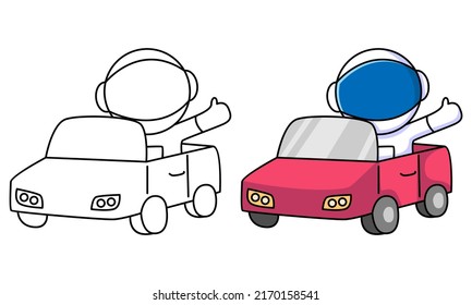 cute astronaut riding car coloring page for kids