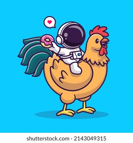 Cute Astronaut Riding Chicken And Holding Donut Cartoon Vector Icon Illustration. Science Animal Icon Concept Isolated Premium Vector. Flat Cartoon Style