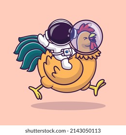 Cute Astronaut Riding Astronaut Chicken And Waving Hand Cartoon Vector Icon Illustration. Science Animal Icon Concept Isolated Premium Vector. Flat Cartoon Style