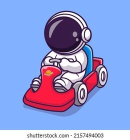 Cute Astronaut Riding Gokart Cartoon Vector Icon Illustration. Science Technology Icon Concept Isolated Premium Vector. Flat Cartoon Style