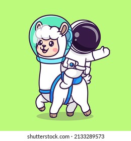 Cute Astronaut Riding Llama Alpaca Astronaut Cartoon Vector Icon Illustration. Science Animal Icon Concept Isolated Premium Vector. Flat Cartoon Style